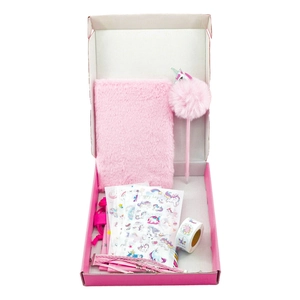 Set de papelería de unicornio rosa con cuaderno de felpa y accesorios variados