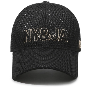 Breathable black mesh baseball cap with gold NY&JA embroidery on white background