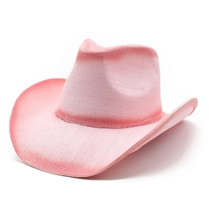 Detail of pink hand-painted straw cowboy hat with curved brim and gradient texture