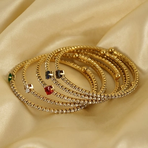 18K gold plated stainless steel bangles set with colorful rectangular zircons