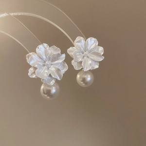 Detailed macro shot of elegant resin white flower earrings with hanging round pearl pendant