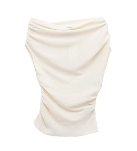 Detail showing asymmetric off-shoulder design and ruched texture on cream sleeveless top