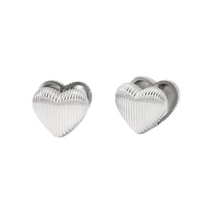 Pair of minimalist silver stainless steel heart earrings with vertical striped texture