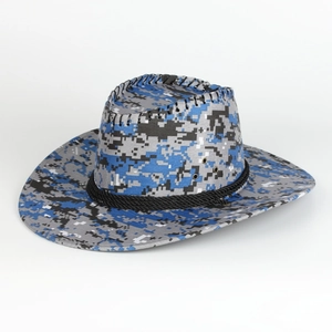 Detail of digital camouflage cowboy hat with black braided rope and metal eyelets