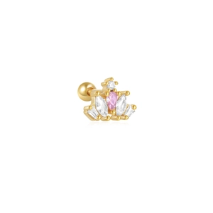 Detailed view of the gold crown ear stud with pink pear-shaped zircon and screw back