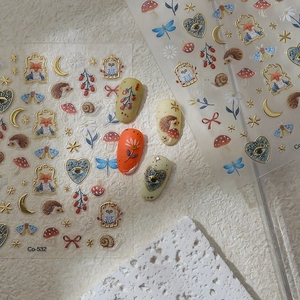 5D gold embossing nail art stickers with hedgehog fox mushroom and nature illustrations