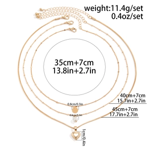 Three-layer gold necklace set with heart and pearl pendants including size specifications