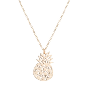 Detailed close-up of hollow geometric pineapple pendant necklace in bright gold finish