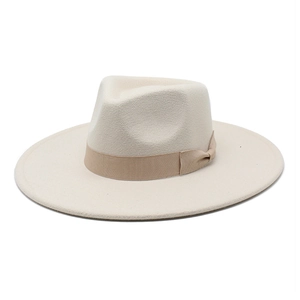 Classic cream wool fedora hat with wide brim and khaki ribbon bow detail for winter