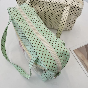 Detail view of canvas polka dot tote bags with transparent PVC windows and sturdy zippers