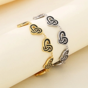 Retro Stainless Steel Heart Knot Bracelet With Black Enamel Toggle Clasp Vintage Style Jewelry For Women