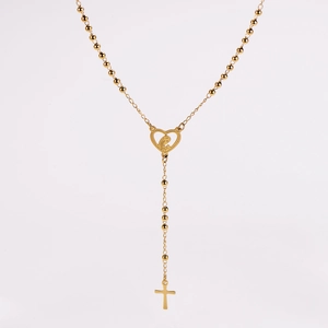 Detailansicht der goldenen Rosenkranzkette mit Herz-Medaillon und glänzendem Kreuz-Anhänger
