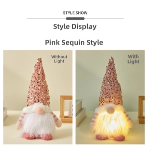Pink sequin Christmas gnome decoration with LED glowing beard in home setting