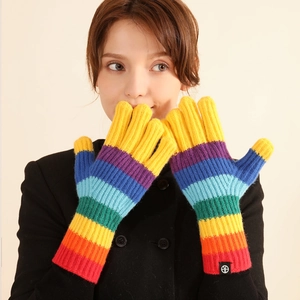 Winter knitted touchscreen gloves with vibrant rainbow gradient stripes for men and women