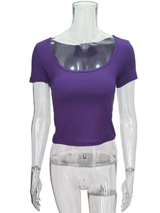 Detail of a purple slim-fit cropped T-shirt featuring a deep square neckline and short sleeves