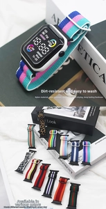 Macro shot of colorful woven nylon elastic watch bands for LED square digital watches