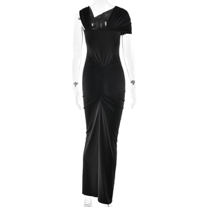 Detail of elegant black one-shoulder slim fit maxi dress with stylish pleated waist