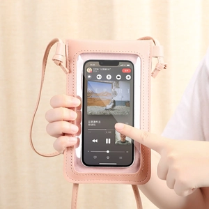 Pink crossbody phone bag with a transparent touch window and adjustable shoulder strap