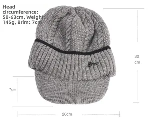 Detailed dimensions of grey cable knit visor beanie with fleece lining and metal logo