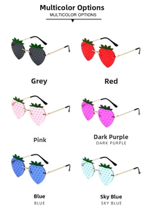 Detail view of strawberry-shaped rimless sunglasses in six vibrant colors with gold temples