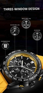 Macro shot of the black dial with yellow accents and functional chronograph subdials