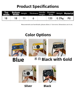 Detailed size chart and multi-color specifications for stylish retro camera crossbody bag