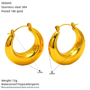 Detailed view of 18K gold plated hollow crescent earrings with size and weight specs