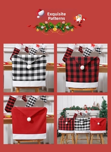 Close-up of Christmas chair covers in red and plaid patterns with plush pom-poms
