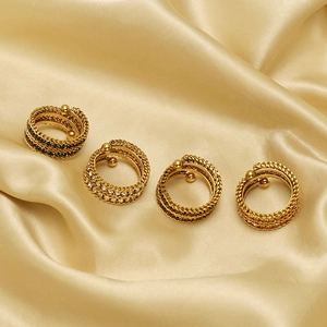 Fashionable Multi Layer Twisted Braided Stainless Steel Ring For Women 18K Gold Plated Adjustable Zircon Inlaid Jewelry