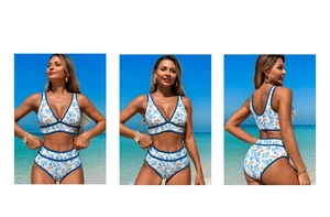 Detail view of floral bikini set with V-neck top and high-waisted bottoms in sunlit beach