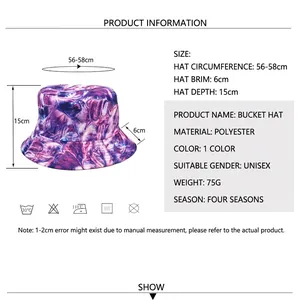 Tie-dye sun bucket hat for outdoor activities with detailed size and material charts