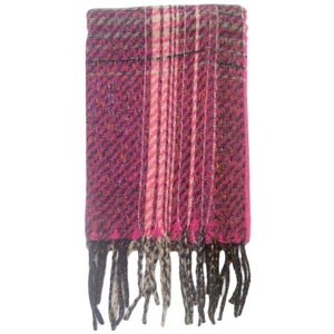 Close-up of pink and dark gradient checkered scarf texture with elegant fringe detail