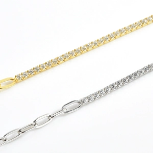 Detail of S925 sterling silver paperclip chain with pave-set clear zircon stones