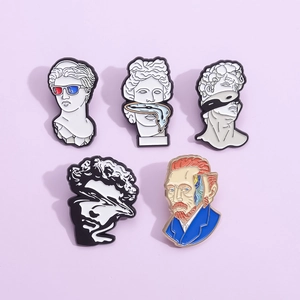 Artistic enamel pins set featuring David sculpture and Van Gogh designs on purple background