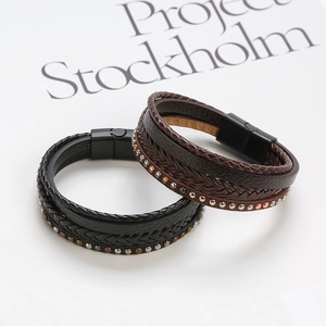 Handcrafted multilayer leather bracelet with metal studs and magnetic clasp for men and women