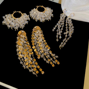 Detailed set of 18k gold plated tassel earrings with sparkling zircon and crystals