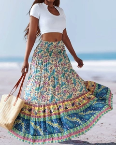 Detailed view of bohemian floral maxi skirt with high elastic waist and flowy hem