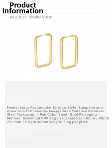 Detailed size specifications for gold stainless steel large rectangular earrings