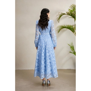 Elegant light blue lace dress with lantern sleeves and floral patterns, back view