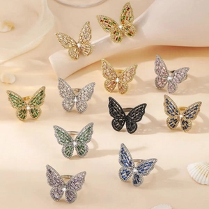Glittering butterfly open rings with multi-color zircon stones in gold and silver finish