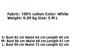 Size chart for women white crop top with lettuce trim, detailed measurements in S, M, L