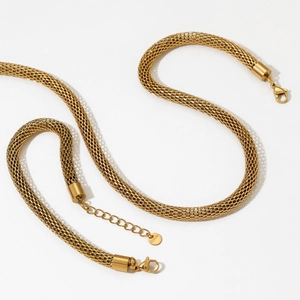 Modern gold stainless steel mesh chain necklace set with lobster clasp and extender