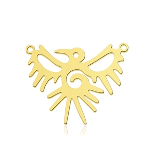 Macro shot of gold stainless steel phoenix pendant with hollow bird design details
