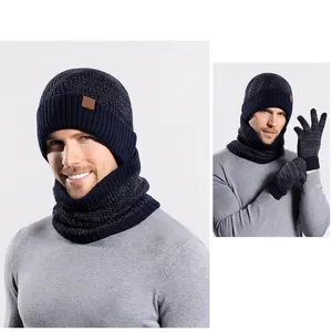 Men's winter 3-piece set with knitted hat, scarf and gloves in navy blue fleece lining