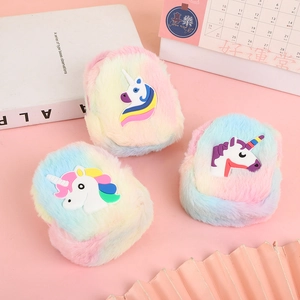 Cute Unicorn Plush Coin Purse Rainbow Gradient Faux Fur Mini Earphone Storage Pouch For Kids Girls Student Key Bag Keychain