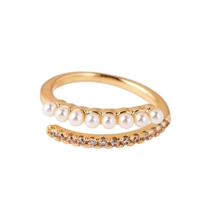 Golden double-layer open ring with white pearls and sparkling zircon pave accents