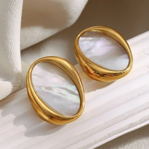 Luxurious 18K gold plated stainless steel oval white shell earrings on a display stand