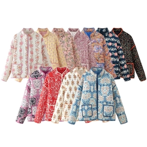 French vintage floral quilted cotton jacket with ethnic patterns and stand collar