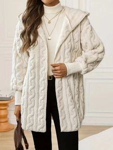 Elegant cream cable knit hooded cardigan for women with soft plush texture and casual fit
