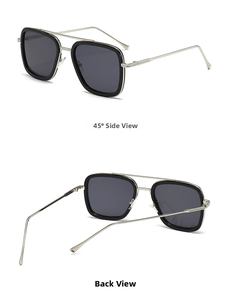 Detail view of square black sunglasses with silver metal temples and industrial texture